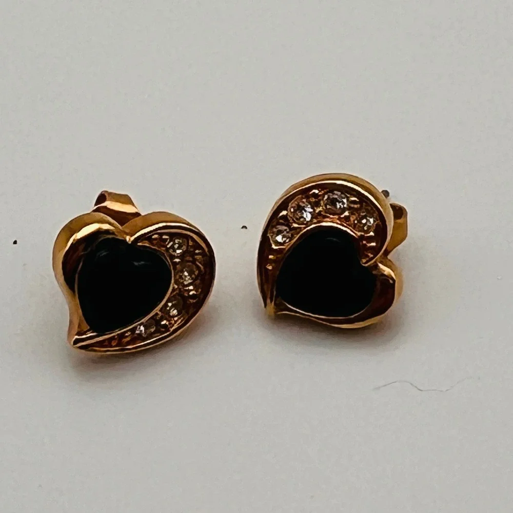 Vintage Avon Heart Stud Earrings Black Inlay Clear Rhinestone Gold Tone Pierced